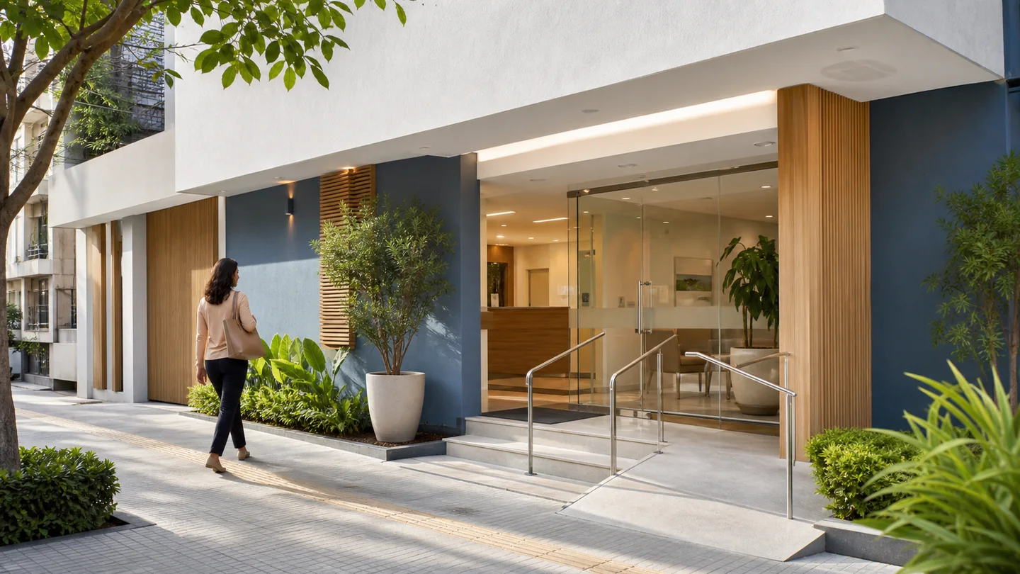 Fachada de clínica contemporânea com entrada acessível