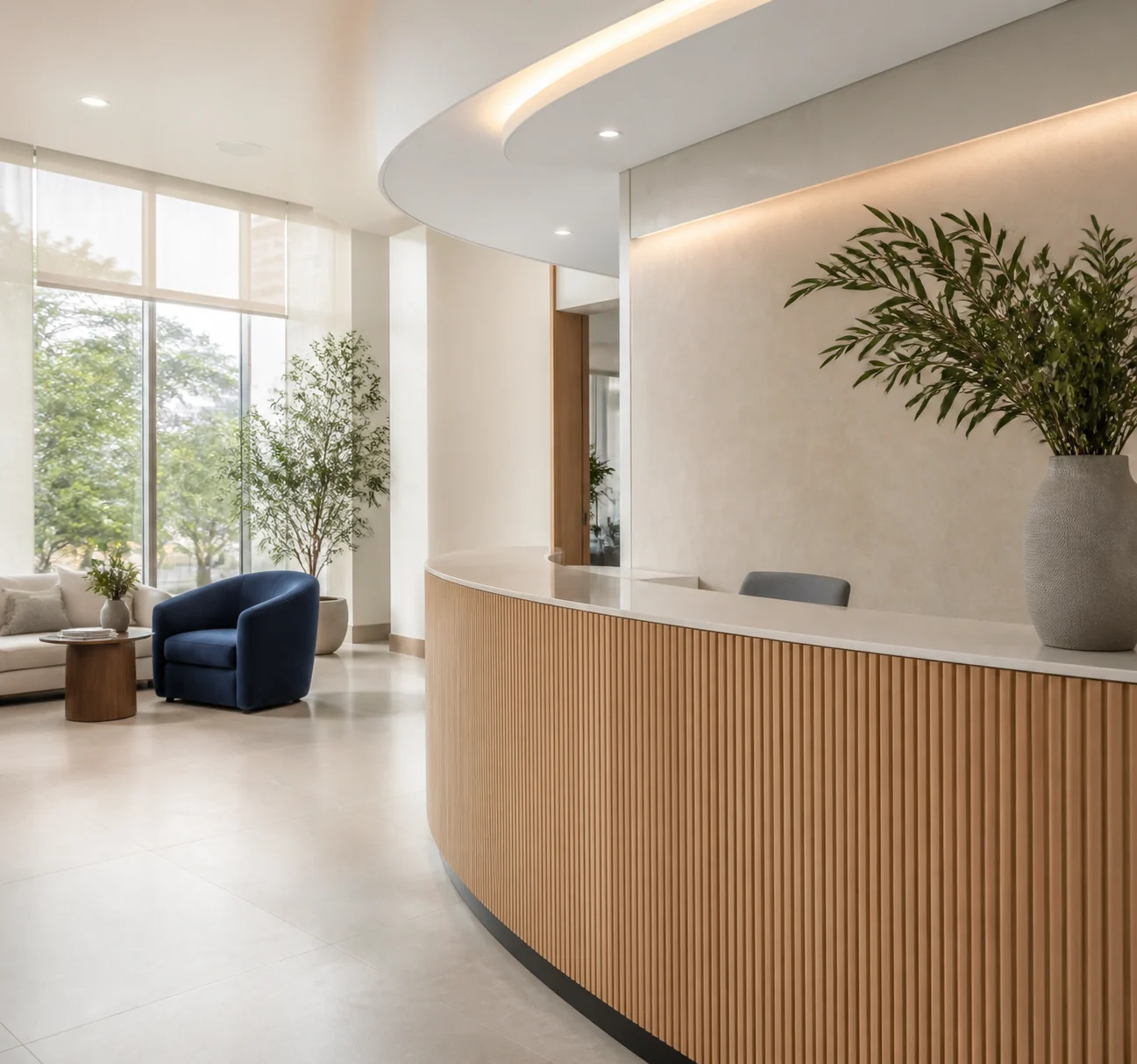 Recepção contemporânea com balcão de madeira, luz natural e poltrona azul