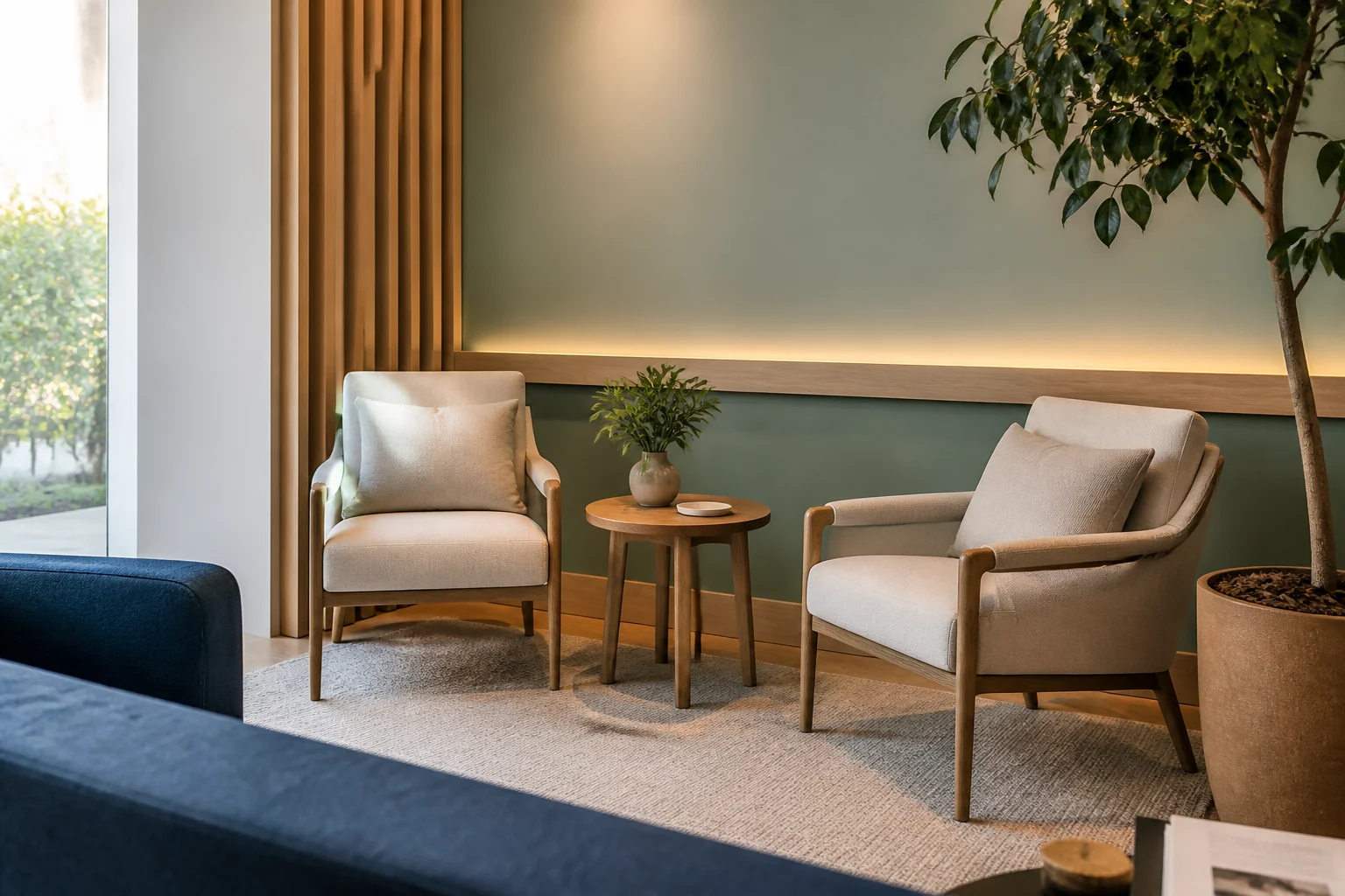 Sala de convivência com poltronas, luz indireta e vegetação